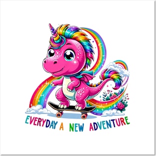 Unicorn Dinosaur Skateboard  Rainbow Adventure Dino Lover Top Posters and Art